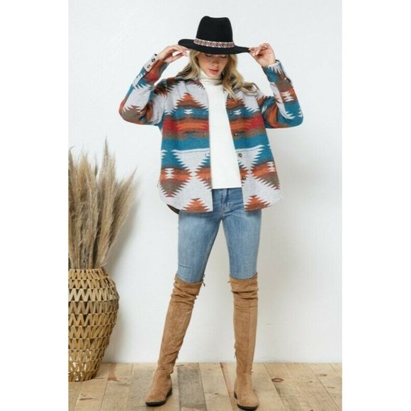 Aztec Tribal Jacket Oversized Heavy Flannel Shacket - Picture 9 of 12